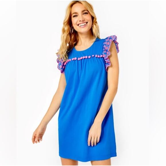 Lilly Pulitzer Dresses & Skirts - LILLY PULITZER Women’s Ave dress Blue with Pink Ruffle Eyelet small